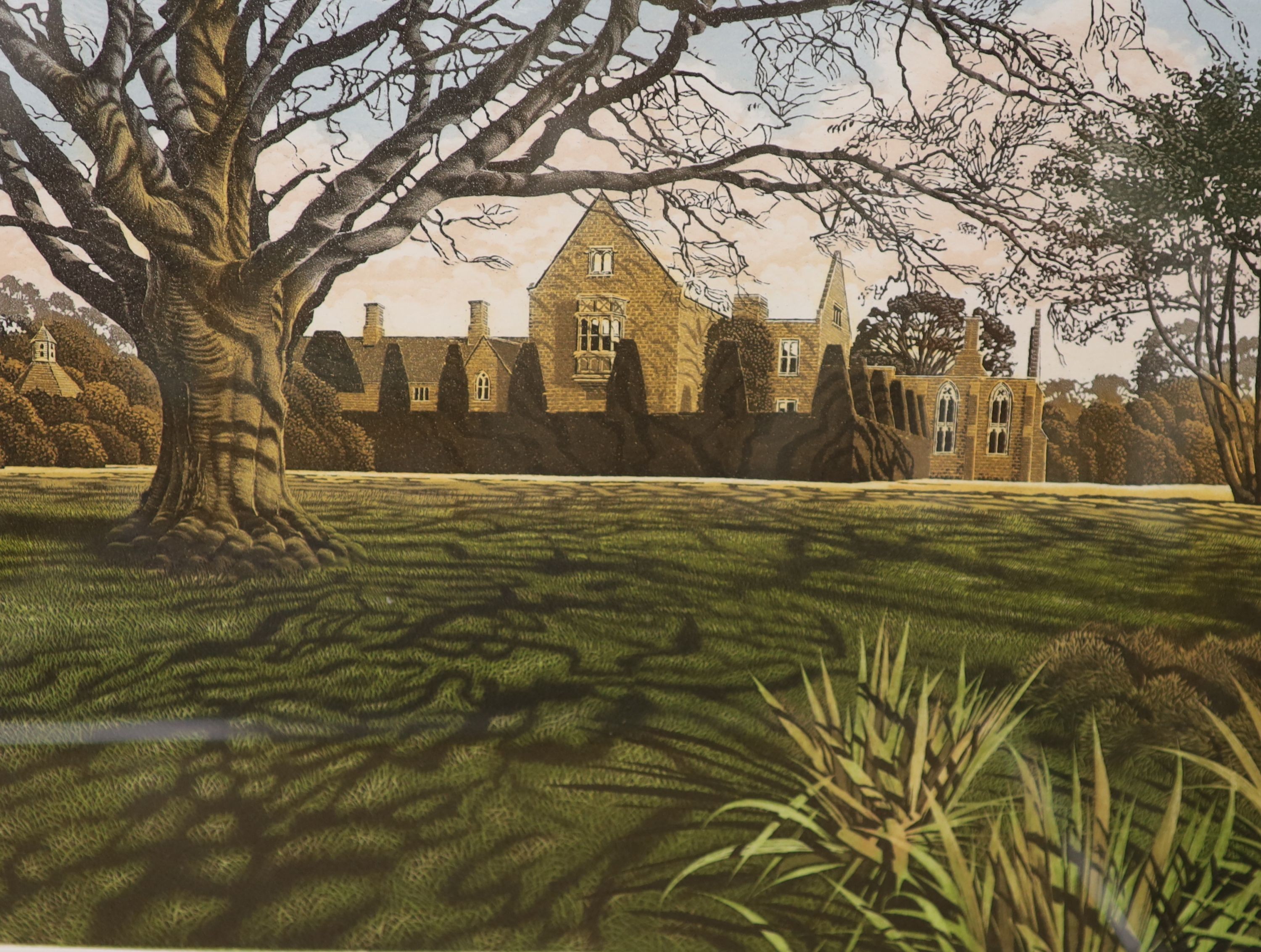 Kathleen Caddick (b.1937), limited edition print, Petworth Park and a pair of Graham Evenden prints of Nymans and Scotney Castle